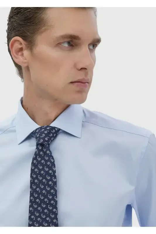 Qorong'i ko'k tekis regular fit to'qima klassik 100% paxta ko'ylak - 4