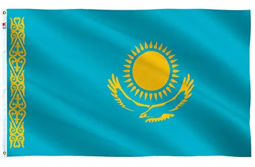 Qozog‘iston Bayrog‘i 3x5 Ft ochiq havoda katta, o‘rtacha ochiq havoda har ikki tomoni og‘ir xizmat turi 100D poliester, tuval boshliq va ikki marta tikilgan - oson namoyish qilish uchun pirinç grommetlar, qozoq bayroqlari - 1