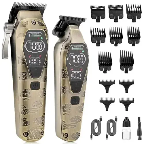 QREEYX Professional Hair Clipper for Men - Cordless Clippers and Trimmers Set, Heavy-Duty Motor Hair Cutting Kits with LED Display, 7000RPM High-Power Motor, USB Charging, Gifts for Men, Bronze 