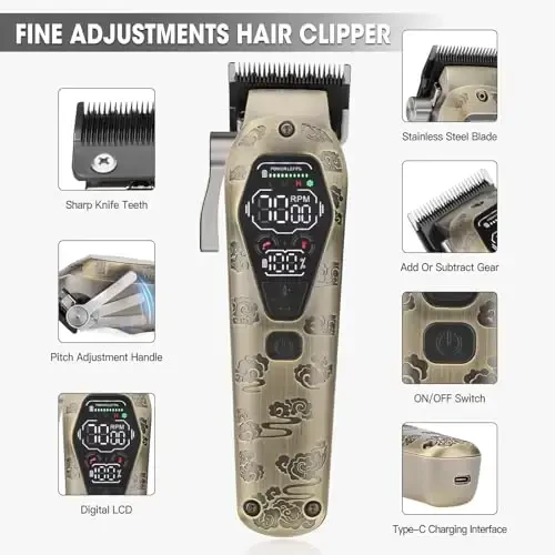 QREEYX Professional Hair Clipper for Men - Cordless Clippers and Trimmers Set, Heavy-Duty Motor Hair Cutting Kits with LED Display, 7000RPM High-Power Motor, USB Charging, Gifts for Men, Bronze - 3