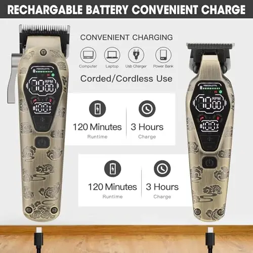 QREEYX Professional erkaklar uchun soch kesish mashinasi - simsiz kesuvchi va trimmerlar to'plami, LED displeyli og'ir yuk ko'taruvchi motorli soch kesish to'plamlari, 7000RPM yuqori quvvatli motor, USB zaryadlash, erkaklar uchun sovg'alar, bronza - 5