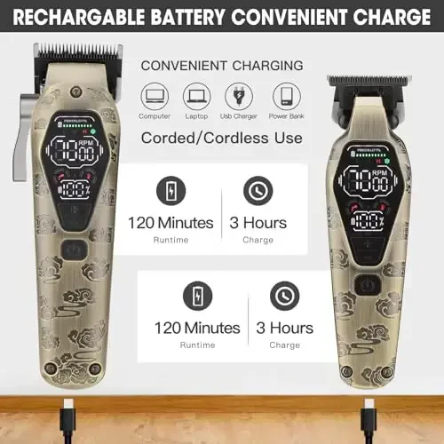 QREEYX Professional erkaklar uchun soch kesish mashinasi - simsiz kesuvchi va trimmerlar to'plami, LED displeyli og'ir yuk ko'taruvchi motorli soch kesish to'plamlari, 7000RPM yuqori quvvatli motor, USB zaryadlash, erkaklar uchun sovg'alar, bronza - 5