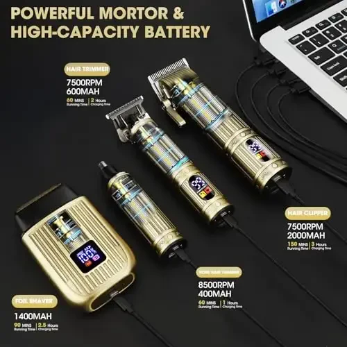 QREEYX Professional erkaklar uchun soch kesish mashinasi, simsiz soqol trimmer, burun va quloq tuklarini trimmer, LED displeyli elektr soqol olish moslamasi, Barber uchun soch kesish to'plami, erkaklar uchun sovg'a - 6