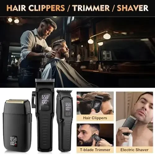 QREEYX Professional erkaklar uchun soch kesuvchi mashina, 3 tasi 1 da Soqol Trimmeri va LED displeyli elektr folga ustara to'plami, uy, sayohat, sartaroshxona uchun simsiz grooming to'plami, u uchun ideal sovg'a - 6