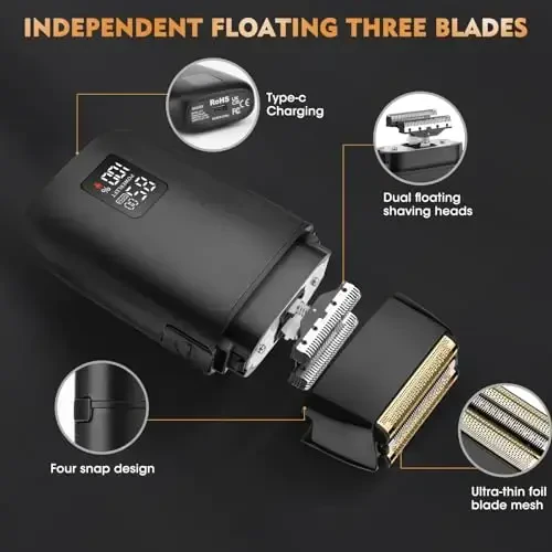 QREEYX Professional Hair Clipper for Men, 3 in 1 Hair Clipper Beard Trimmer and Electric Foil Shaver Set with LED Display, Cordless Grooming Kit for Home, Travel, Barber, Ideal Gift for Him - 4