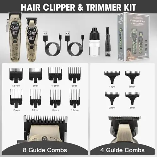QREEYX Professional Hair Clipper for Men - Cordless Clippers and Trimmers Set, Heavy-Duty Motor Hair Cutting Kits with LED Display, 7000RPM High-Power Motor, USB Charging, Gifts for Men, Bronze - 6