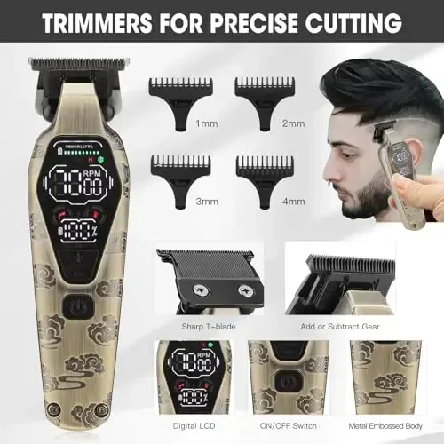 QREEYX Professional Hair Clipper for Men - Cordless Clippers and Trimmers Set, Heavy-Duty Motor Hair Cutting Kits with LED Display, 7000RPM High-Power Motor, USB Charging, Gifts for Men, Bronze - 4