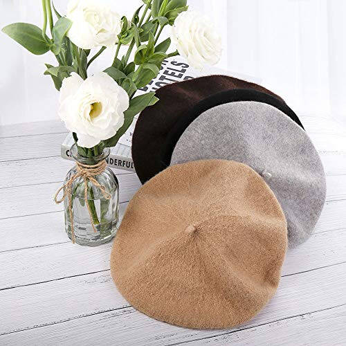 Quacoww 4 Pieces Beret Hat French Style Beanie Hats Fashion Ladies Beret Caps Outdoor Hat, Black, Brown, Gray and Khaki - 6