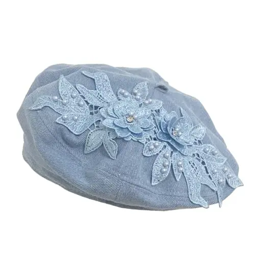 QUANNICE Women Flower Embroidery Beret Hat Denim Beret French Style Artist Beret Cap 