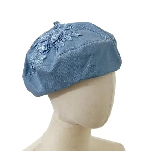 QUANNICE Women Flower Embroidery Beret Hat Denim Beret French Style Artist Beret Cap - 4
