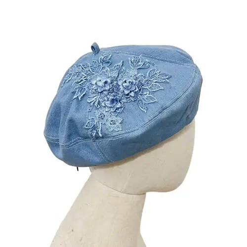 QUANNICE Women Flower Embroidery Beret Hat Denim Beret French Style Artist Beret Cap - 5