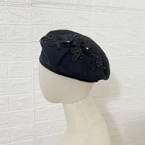 QUANNICE Women Flower Embroidery Beret Hat Denim Beret French Style Artist Beret Cap - 4