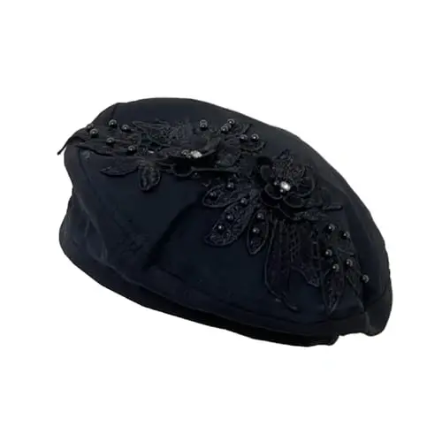 QUANNICE Women Flower Embroidery Beret Hat Denim Beret French Style Artist Beret Cap 