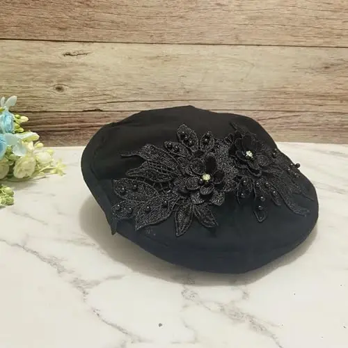 QUANNICE Women Flower Embroidery Beret Hat Denim Beret French Style Artist Beret Cap - 7
