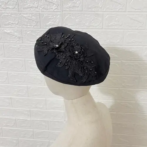 QUANNICE Women Flower Embroidery Beret Hat Denim Beret French Style Artist Beret Cap - 3
