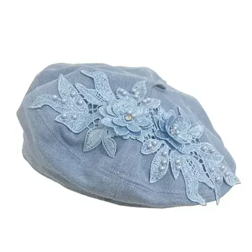 QUANNICE Women Flower Embroidery Beret Hat Denim Beret French Style Artist Beret Cap - Modazone