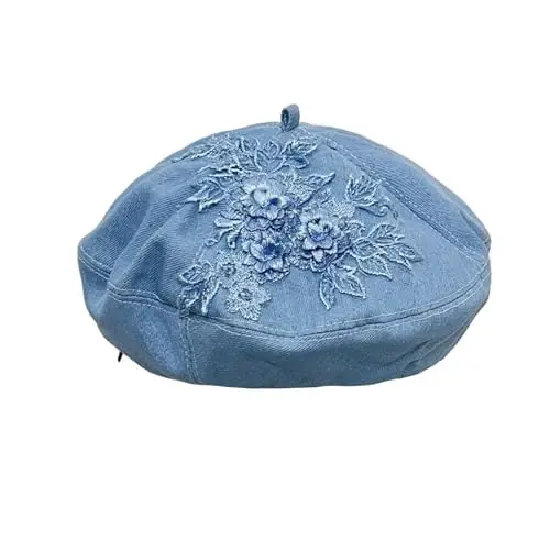 QUANNICE Women Flower Embroidery Beret Hat Denim Beret French Style Artist Beret Cap - Modazone