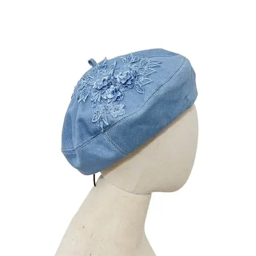QUANNICE Women Flower Embroidery Beret Hat Denim Beret French Style Artist Beret Cap - 2