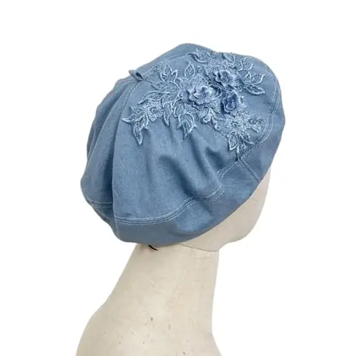 QUANNICE Women Flower Embroidery Beret Hat Denim Beret French Style Artist Beret Cap - 3