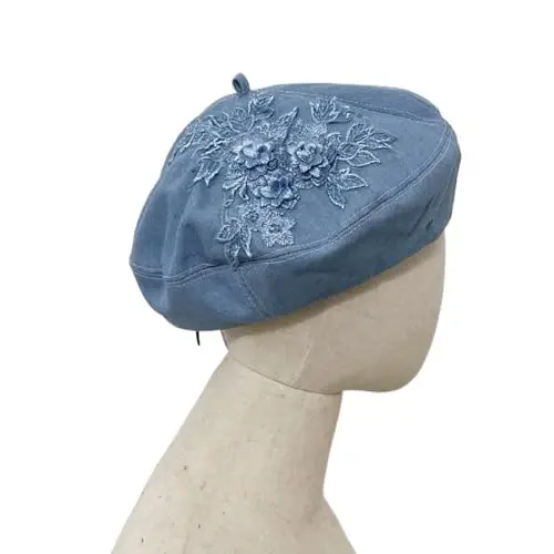 QUANNICE Women Flower Embroidery Beret Hat Denim Beret French Style Artist Beret Cap - 6