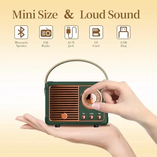 QUEQIMU Retro Bluetooth Speaker, Wireless Mini Portable Speakers Support USB/TF Card/AUX, Vintage Radio Bluetooth Speaker for Kitchen Desk Bedroom Office Outdoor, Retro Gifts for Women Men, Green - 3
