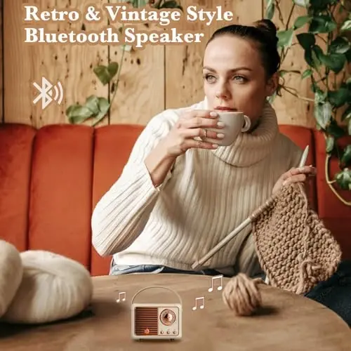 QUEQIMU Retro Bluetooth Speaker, Wireless Mini Portable Speakers Support USB/TF Card/AUX, Vintage Decor, Retro Radio Bluetooth Speaker for Kitchen Desk Bedroom Office Outdoor, Gifts for Teens, Cream - 2