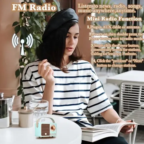 QUEQIMU Retro Bluetooth Speaker, Wireless Mini Portable Speakers Support USB/TF Card/AUX, Vintage Decor, Retro Radio Bluetooth Speaker for Kitchen Desk Bedroom Office Outdoor, Gifts for Teens, Blue - 4