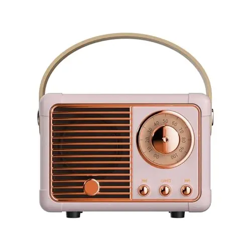 QUEQIMU Retro Bluetooth Speaker, Wireless Mini Portable Speakers Vintage Radio Support USB/TF Card/AUX, Cute Bluetooth Speaker for Kitchen Desk Bedroom Office, Birthday Gifts for Women Teenage, Pink - 1