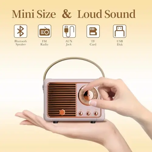 QUEQIMU Retro Bluetooth Speaker, Wireless Mini Portable Speakers Vintage Radio Support USB/TF Card/AUX, Cute Bluetooth Speaker for Kitchen Desk Bedroom Office, Birthday Gifts for Women Teenage, Pink - 3