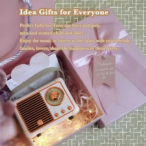 QUEQIMU Retro Bluetooth Speaker, Wireless Mini Portable Speakers Vintage Radio Support USB/TF Card/AUX, Cute Bluetooth Speaker for Kitchen Desk Bedroom Office, Birthday Gifts for Women Teenage, Pink - 6