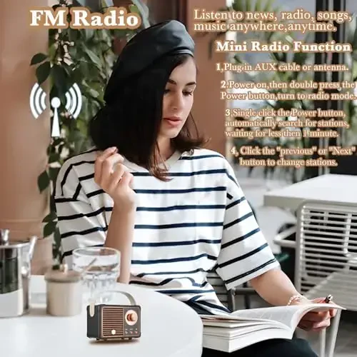 QUEQIMU Retro Bluetooth Speaker, Wireless Radio Vintage Speaker Indoor Outdoor Portable Small Bluetooth Speaker Support USB/TF Card/AUX Speaker (Black) - 4