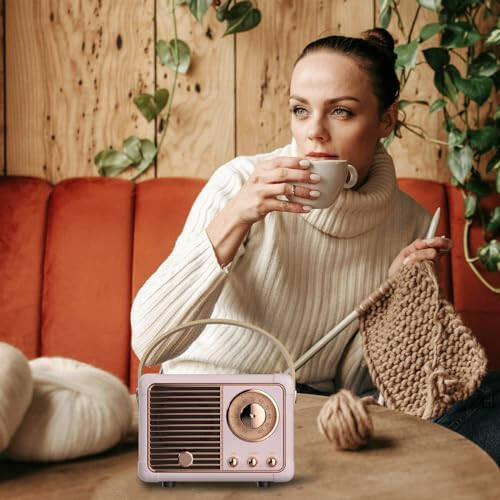 QUEQIMU Retro Bluetooth Speaker, Wireless Radio Vintage Speaker Indoor Outdoor Portable Small Bluetooth Speaker Support USB/TF Card/AUX Speaker (Pink) HM11 - 2