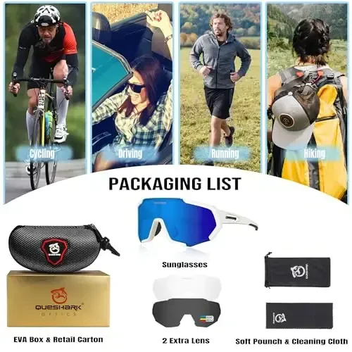 Queshark Cycling Glasses, Sports Sunglasses for Men Women, 1 Polarized 2 HD Lens, Polarized Sunglasses for Cycling Running - 6