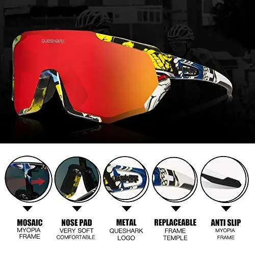 Queshark Bisiklet Gözlükleri, Erkekler Kadınlar için Spor Güneş Gözlükleri, 1 Polarize 2 HD Lens, Bisiklet Koşu için Polarize Güneş Gözlükleri - 3