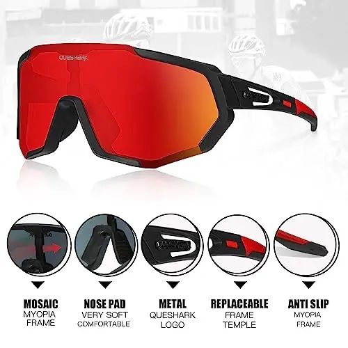 Queshark Cycling Glasses, Sports Sunglasses for Men Women, 1 Polarized 2 HD Lens, Polarized Sunglasses for Cycling Running - 3