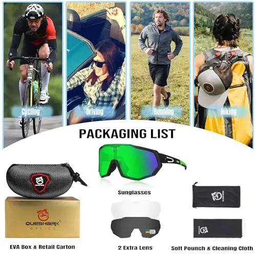 Queshark Cycling Glasses, Sports Sunglasses for Men Women, 1 Polarized 2 HD Lens, Polarized Sunglasses for Cycling Running - 6