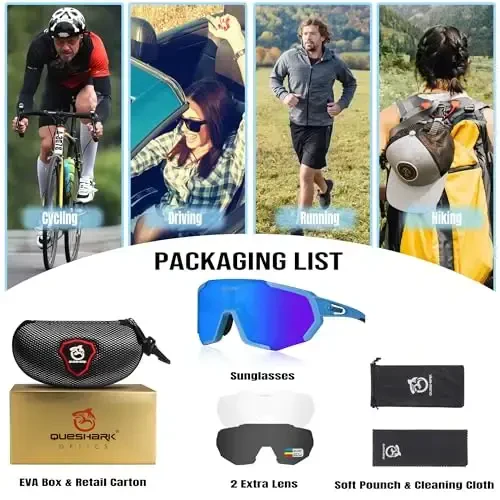 Queshark Cycling Glasses, Sports Sunglasses for Men Women, 1 Polarized 2 HD Lens, Polarized Sunglasses for Cycling Running - 6