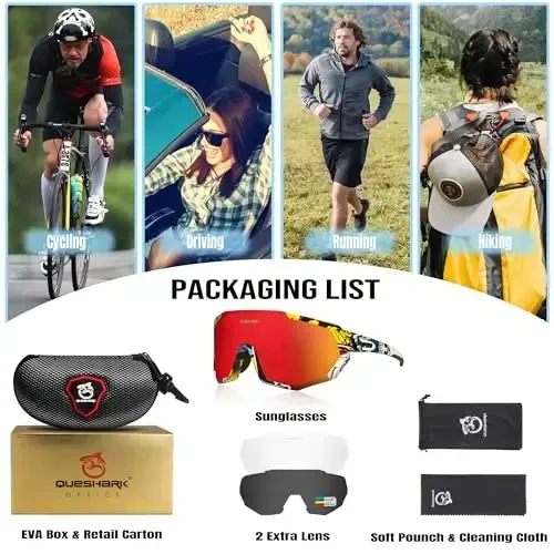Queshark Cycling Glasses, Sports Sunglasses for Men Women, 1 Polarized 2 HD Lens, Polarized Sunglasses for Cycling Running - 6