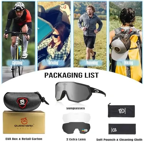 Queshark Cycling Glasses, Sports Sunglasses for Men Women, 1 Polarized 2 HD Lens, Polarized Sunglasses for Cycling Running - 6
