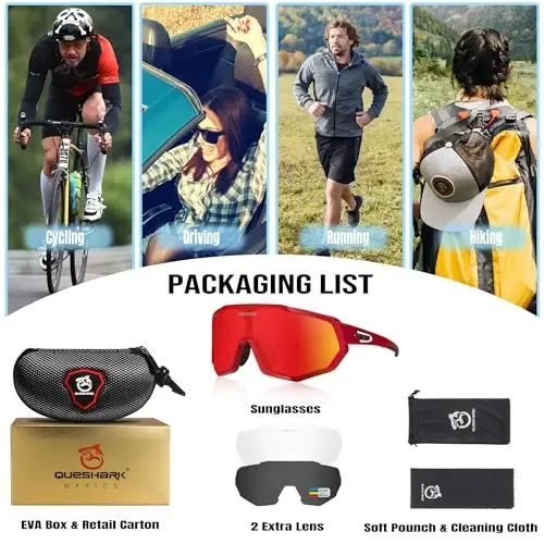 Queshark Cycling Glasses, Sports Sunglasses for Men Women, 1 Polarized 2 HD Lens, Polarized Sunglasses for Cycling Running - 6