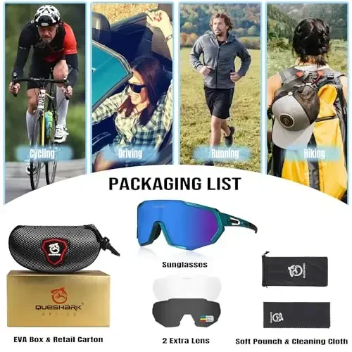 Queshark Cycling Glasses, Sports Sunglasses for Men Women, 1 Polarized 2 HD Lens, Polarized Sunglasses for Cycling Running - 6