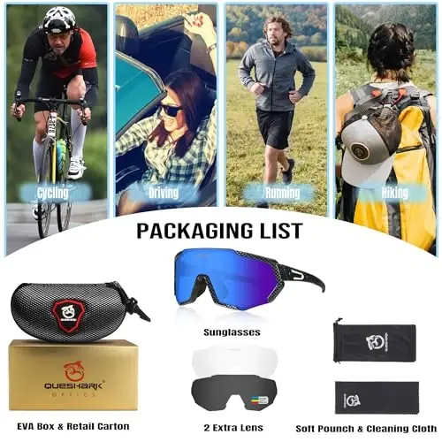 Queshark Cycling Glasses, Sports Sunglasses for Men Women, 1 Polarized 2 HD Lens, Polarized Sunglasses for Cycling Running - 6
