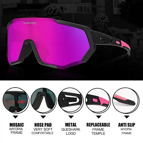Queshark Cycling Glasses, Sports Sunglasses for Men Women, 1 Polarized 2 HD Lens, Polarized Sunglasses for Cycling Running - 3