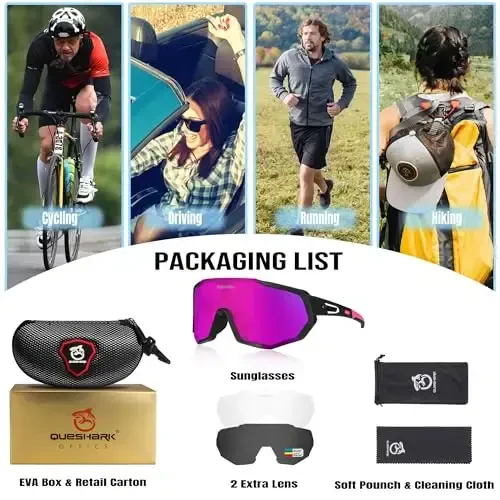 Queshark Cycling Glasses, Sports Sunglasses for Men Women, 1 Polarized 2 HD Lens, Polarized Sunglasses for Cycling Running - 6
