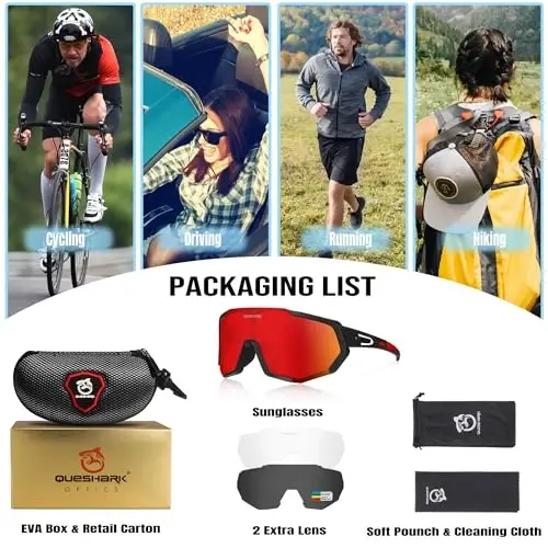 Queshark Velosiped Ko'zoynaklari, Erkaklar va Ayollar uchun Sport Ko'zoynaklari, 1 Polarizatsiyalangan 2 HD Ob'ektiv, Velosipedda Yugurish uchun Polarizatsiyalangan Ko'zoynaklar - 6