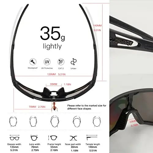 Queshark velosiped ko'zoynaklari, erkaklar va ayollar uchun sport quyoshdan saqlaydigan ko'zoynaklar, 1 polarizatsiyalangan 2 HD linzalari, velosipedda yugurish uchun polarizatsiyalangan quyoshdan saqlaydigan ko'zoynaklar - 4