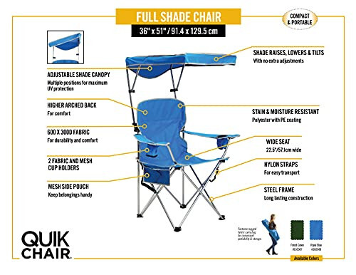 Quik Shade Full Size Shade Folding Chair for Camping, Polyester, Arm Rest|Foldable, Royal Blue, 2'L x 3'W x 4.3'H (160048DS) - 4