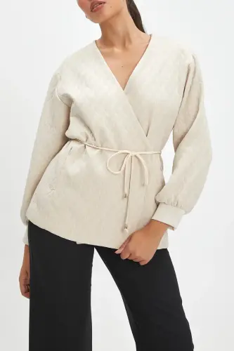 Quilted Belted Kimono Beige Jacket 40220 - 4