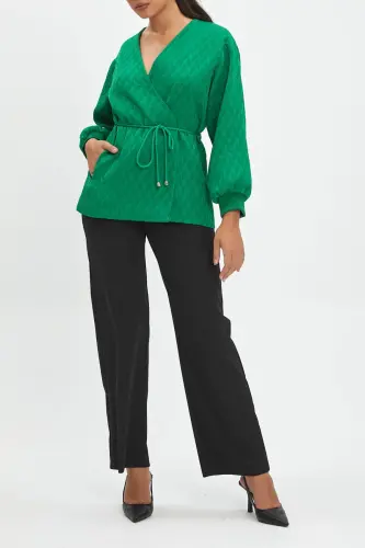 Quilted Drawstring-waisted Kimono-style Green Jacket 40220 - 4