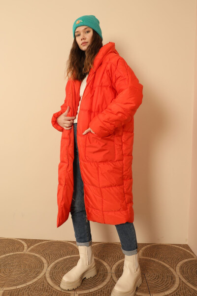 Quilted Fabric Long Sleeve Oversized/Relaxed Women's Coat - Orange - 1